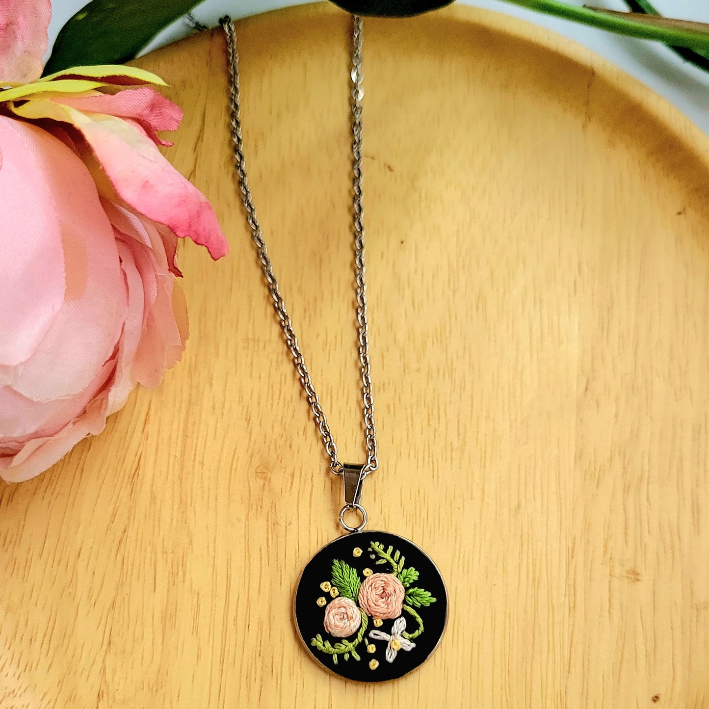 Hand Embroidered Floral Pendant Necklace-Stainless Steel