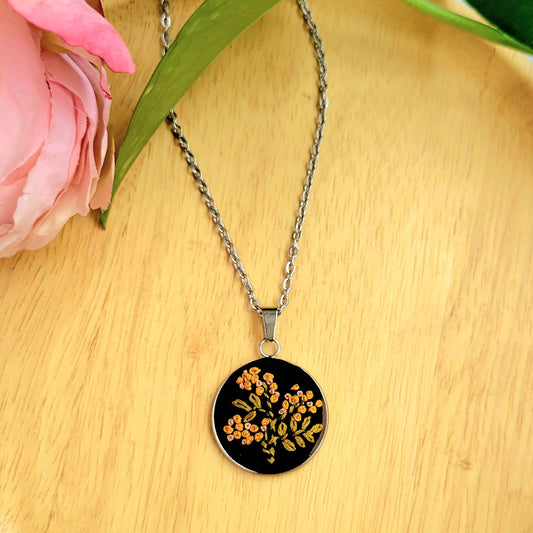 Hand Embroidered Floral Pendant Necklace-Stainless Steel